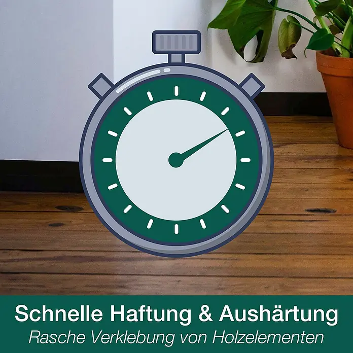 Bona Home Montagekleber - 520 g, Kartusche - Schnelle Haftung & Aushärtung: Ein Cartoon-Timer mit grünem Rand und weißem Zifferblatt, der für rasche Verklebung von Holzelementen steht.