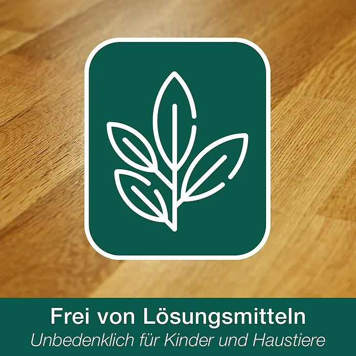 Bona Home Montagekleber - 520 g, Kartusche - Bild zeigt ein Symbol mit Blättern, das für lösungsmittelfreie Produkte steht, sicher für Kinder und Haustiere, auf Holzgrund.