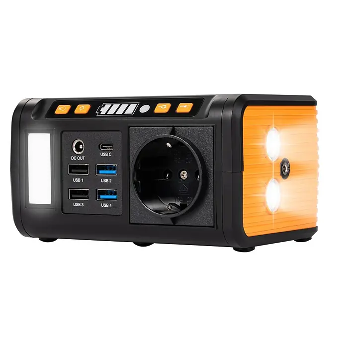 Technaxx Powerstation TX-205 - 74 Wh, Schwarz/Orange - Eine tragbare Powerstation mit verschiedenen Anschlüssen wie USB, USB-C und einer Steckdose für den flexiblen Einsatz.