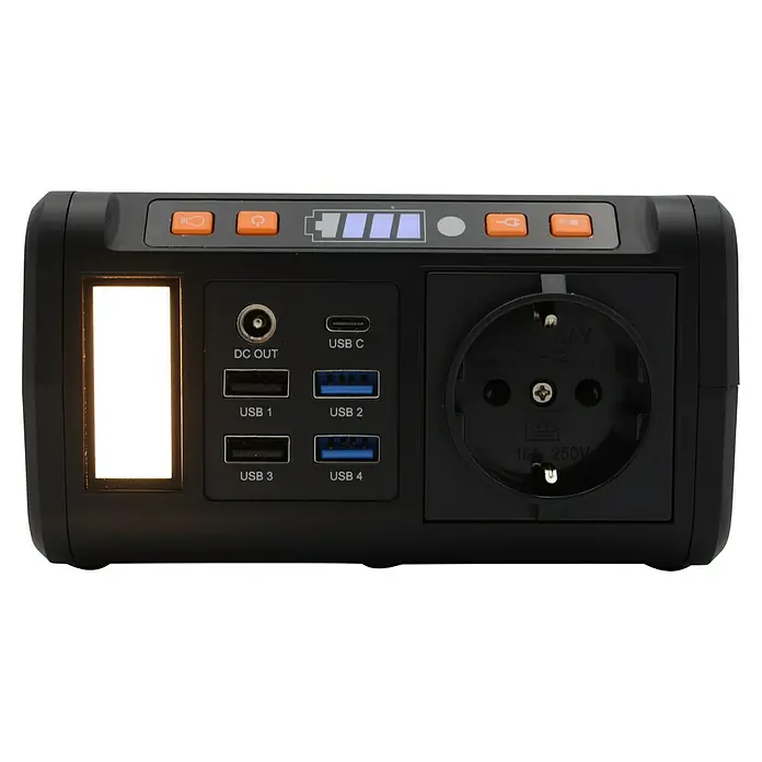 Technaxx Powerstation TX-205 - 74 Wh, Schwarz/Orange - Schwarze tragbare Powerstation mit USB-Anschlüssen, Steckdose und Batteriestandsanzeige, ideal für unterwegs und Notfälle.
