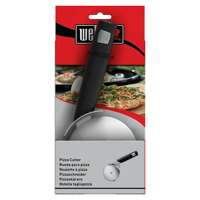Weber Pizzaschneider - Klingendurchmesser 10 cm, Edelstahl - Verpackung eines Weber Pizzaschneiders, ideal für die Zubereitung von Pizza im Garten oder in der Küche.