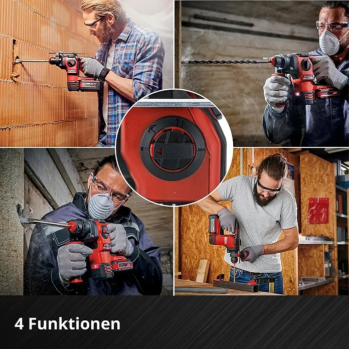 Einhell Professional Power X-Change 18V Akku-Kombihammer Herocco 18/20 - 18 V, Ohne Akku, 0 Ah, 2,2 J - Das Bild zeigt eine Einhell Akku-Bohrmaschine im Einsatz in verschiedenen Szenarien. Die Maschine wird für Bohren, Schrauben und Hammerbohren verwendet.