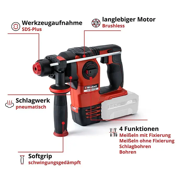 Einhell Professional Power X-Change 18V Akku-Kombihammer Herocco 18/20 - 18 V, Ohne Akku, 0 Ah, 2,2 J - Abbildung eines Einhell HEROCCO Akku-Bohrhammers mit Werkzeugaufnahme, langlebigem Motor, Schlagwerk und Softgrip für vibrationsgedämpftes Arbeiten.
