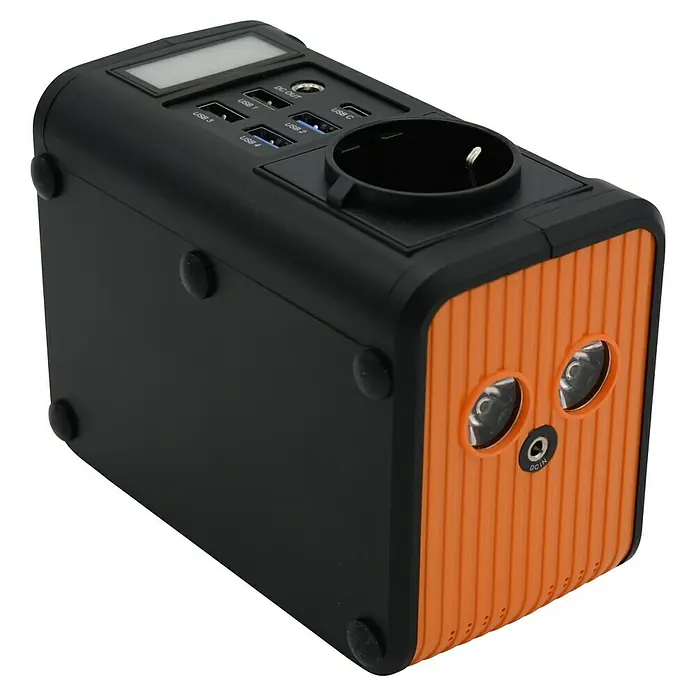 Technaxx Powerstation TX-205 - 74 Wh, Schwarz/Orange - Ein tragbarer Akku-Generator mit verschiedenen Anschlüssen, ideal für unterwegs oder bei Stromausfällen.