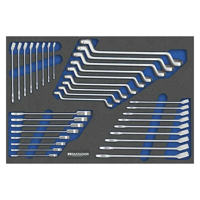 Matador Tool System Schraubenschlüssel-Set - 34 -tlg. - Ein Sortiment an Schraubenschlüsseln der Marke Matador, ordentlich in einer Schublade mit passgenauen Aussparungen angeordnet.