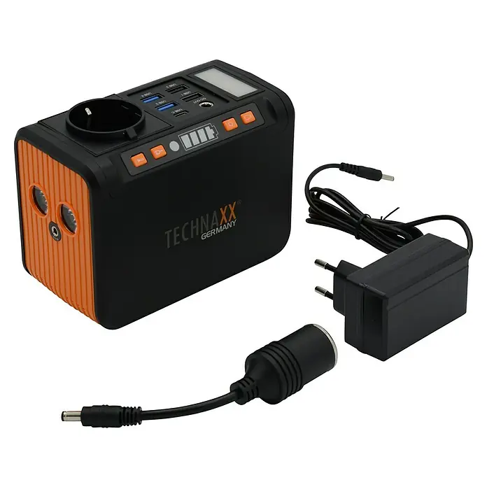 Technaxx Powerstation TX-205 - 74 Wh, Schwarz/Orange - Technaxx-Energiespeicher mit vielen Anschlüssen und Ladegerät für den flexiblen Gebrauch.