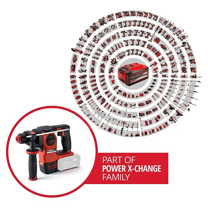 Einhell Professional Power X-Change 18V Akku-Kombihammer Herocco 18/20 - 18 V, Ohne Akku, 0 Ah, 2,2 J - Einhell Akku-Bohrhammer im Fokus, Teil der Power X-Change Familie. Umfassendes Sortiment an Werkzeugen und Gartengeräten im Hintergrund.
