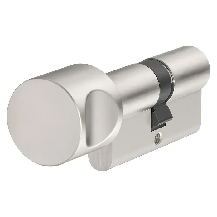 Abus Knaufzylinder KE20NP - Baulänge innen: 30 mm, Baulänge außen: 30 mm, Anzahl Schlüssel: 3 Stk. - Nahaufnahme eines silberfarbenen Zylinderschlosses, das Sicherheit und Funktionalität für Türen bietet.