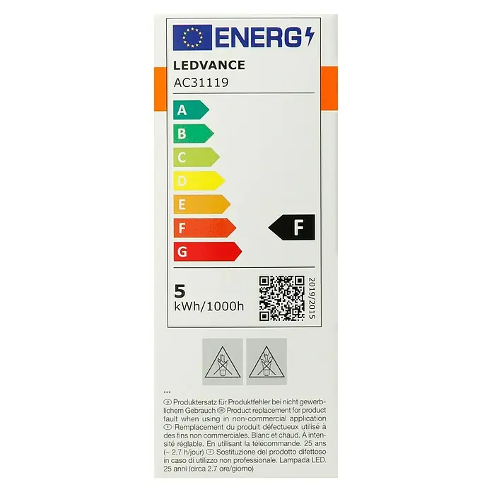 Osram LED-Lampen Set Kerzenform E14 2er Set mit Fernbedienung und Farbsteuerung - E14, Dimmbar, RGBW, 470 lm, 4,9 W - Energielabel der LEDVANCE AC31119 Lampe mit Energieeffizienzklasse F und einem Verbrauch von 5 kWh/1000h.
