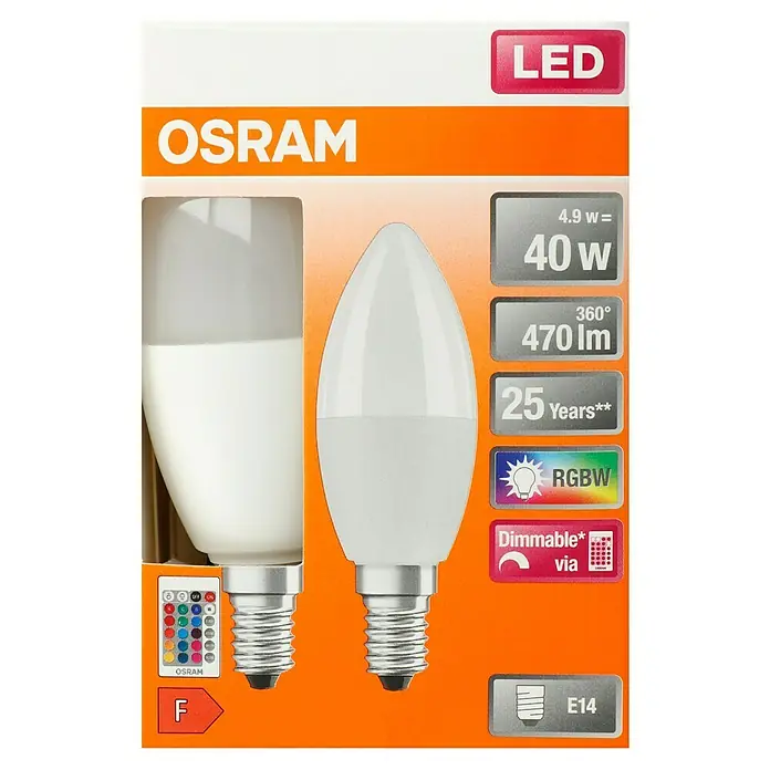 Osram LED-Lampen Set Kerzenform E14 2er Set mit Fernbedienung und Farbsteuerung - E14, Dimmbar, RGBW, 470 lm, 4,9 W - Produktverpackung einer Osram LED-Lampe E14, dimmbar und mit RGBW-Funktion, die eine Leistung von 4,9W hat und 40W entspricht.