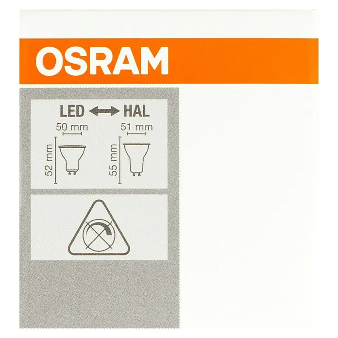 Osram LED-Lampen Set Reflektor GU10 - GU10, Nicht Dimmbar, Warmweiß, 350 lm, 4,3 W, 5 Stk. - Produktabbildung von Osram: LED- und HAL-Glühbirnen mit Abmessungen und einem Warnhinweis zur Verwendung mit Dimmern.