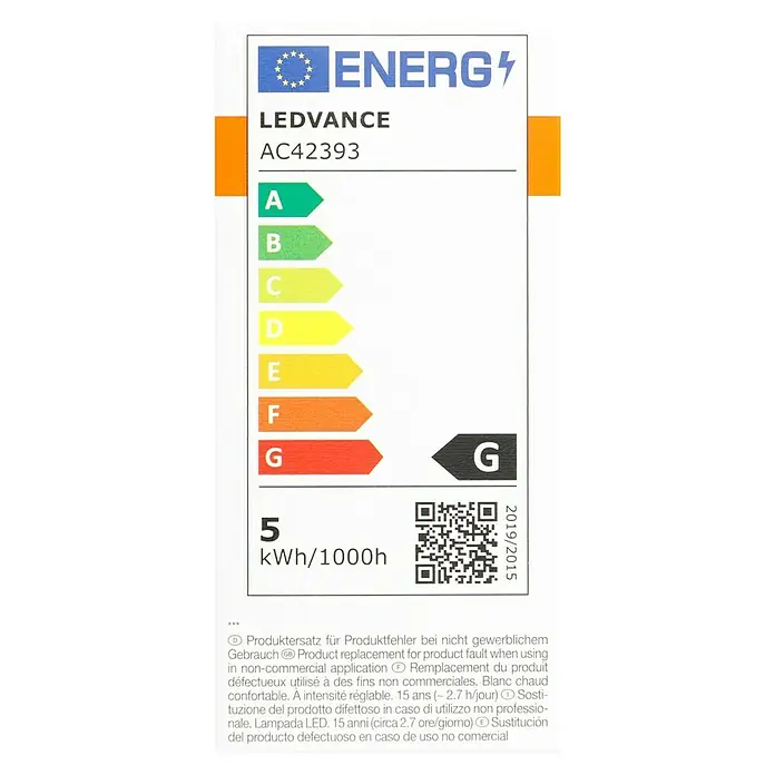 Osram LED-Lampe Vintage Glühlampenform E27 - E27, Dimmbar, Warmweiß, 360 lm, 4,8 W - Energielabel für LEDVANCE AC42393 mit Energieeffizienzklasse G und einem Verbrauch von 5 kWh/1000h.