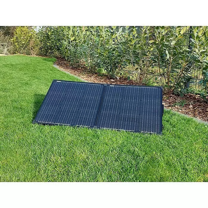 Technaxx Solarkoffer TX-215 - Max. Leistung: 100 W, 107 x 57 x 4 cm - Schwarzes, faltbares Solarpanel, aufgeklappt und bereit für den mobilen Outdoor-Einsatz.