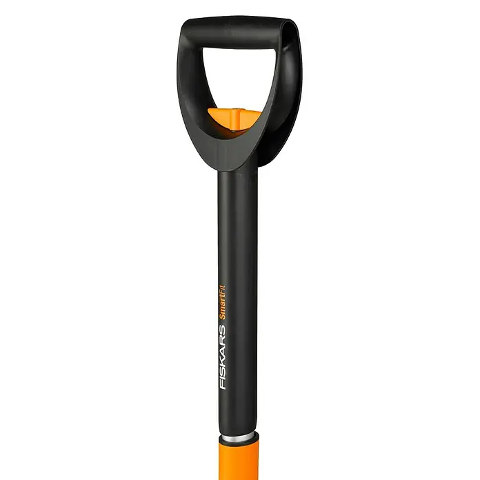 Fiskars Teleskop-Unkrautstecher SmarFit - Länge Stiel: 99 cm - 119 cm - Detailaufnahme eines Fiskars SmartFit Spatengriffs mit D-Form und verstellbarer Länge für ergonomisches Gärtnern.