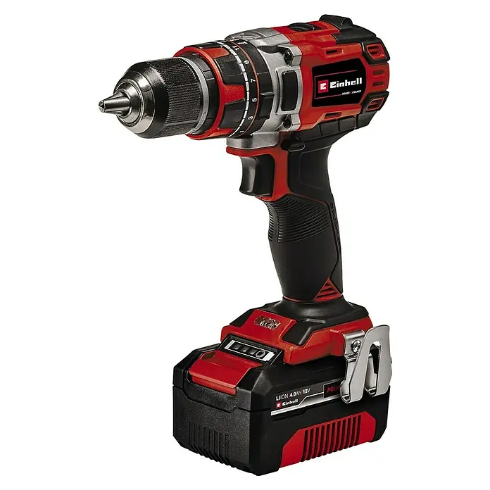 Einhell Professional Power X-Change 18V Akku-Schlagbohrschrauber TP-CD 18/50 Li-i BL - 18 V, 2 Akkus, 2 Ah - 4 Ah, 50 Nm - Akkubohrschrauber Einhell mit 18V Akku, rotem Gehäuse und schwarzem Griff, ideal für Heimwerkerprojekte.