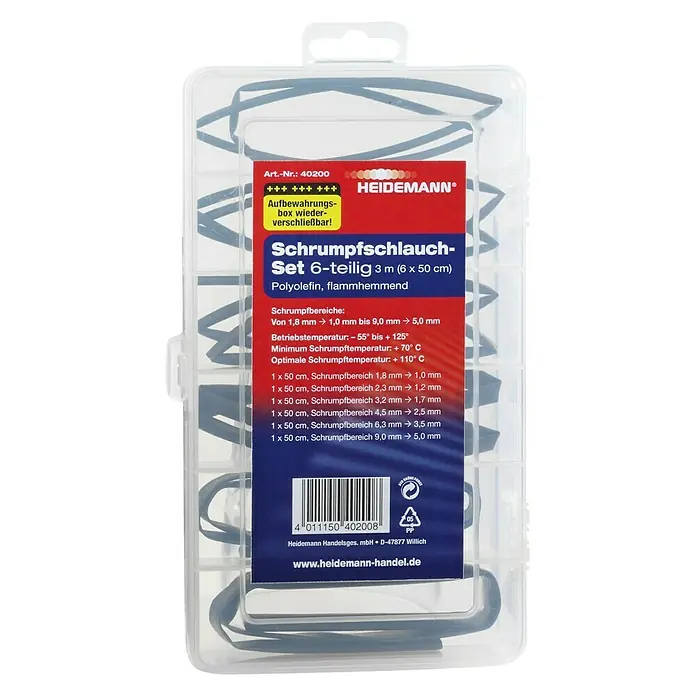 Heidemann Schrumpfschlauch-Set - Polyolefin - Schrumpfschlauch-Set mit 6 Teilen in einer wiederverschließbaren Box. Ideal zum Isolieren und Schützen von Kabeln und Verbindungen.