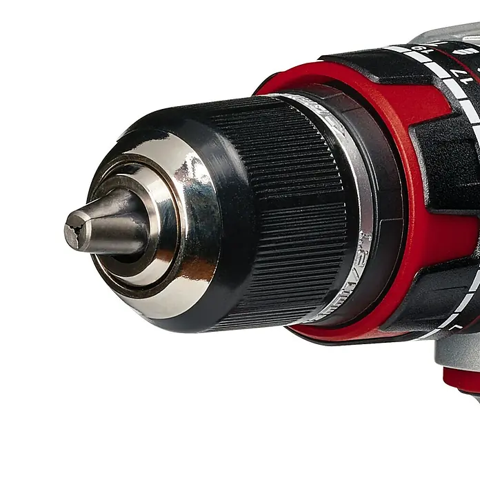 Einhell Professional Power X-Change 18V Akku-Schlagbohrschrauber TE-CD 18 Li-i Brushless-Solo - 18 V, Ohne Akku, 60 Nm - Nahaufnahme einer Bohrmaschine, die Details des Bohrfutters und des Einstellrings zeigt. Ideal für Heimwerker- und Werkzeugkataloge.