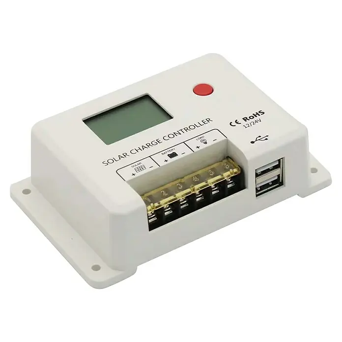 Technaxx Solarkoffer TX-215 - Max. Leistung: 100 W, 107 x 57 x 4 cm - Nahaufnahme eines weißen Solarreglers mit LCD-Bildschirm, Anschlüssen und USB-Anschlüssen.
