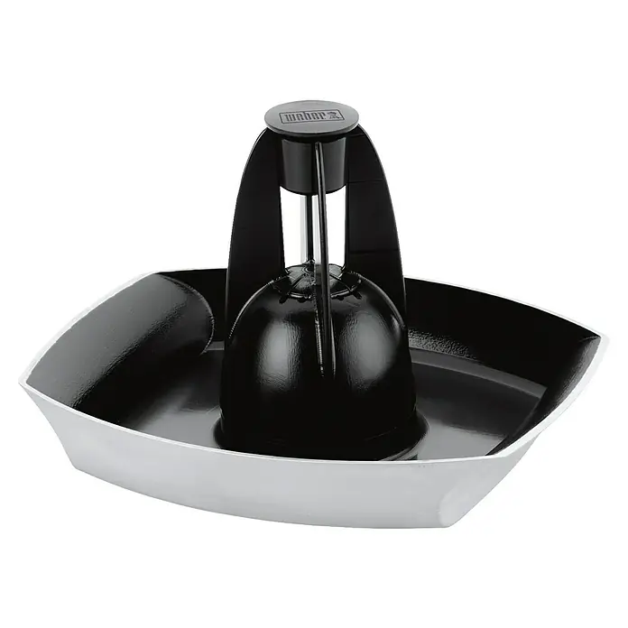 Weber Style Geflügelhalter - Aluminium - Das Bild zeigt einen Geflügelbräter von Weber mit einer schwarzen Halterung und einer weißen Tropfschale, ideal für die Zubereitung von Geflügel.