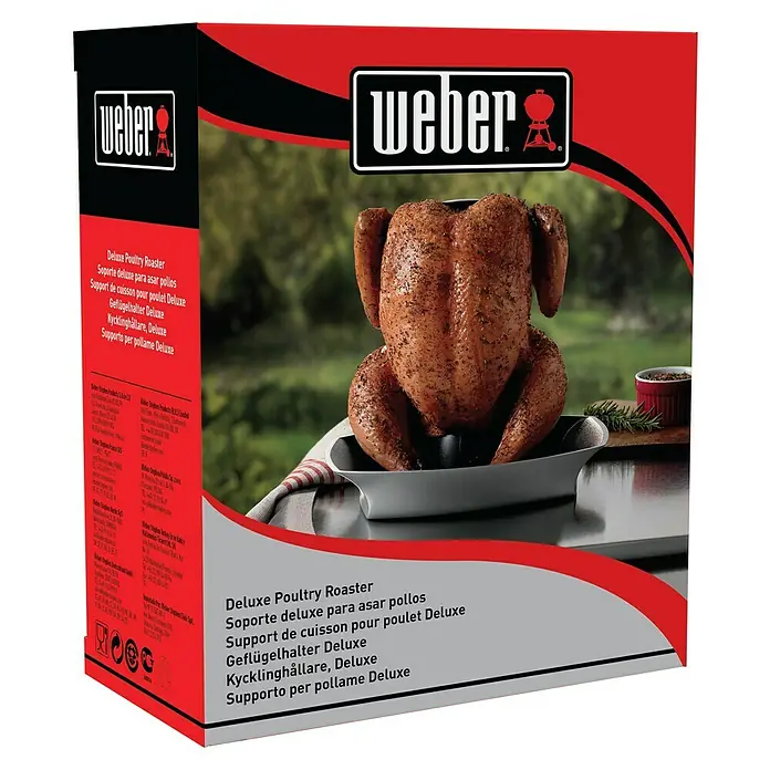 Weber Style Geflügelhalter - Aluminium - Verpackung des Weber Deluxe Geflügelbräter-Sets. Perfekt zum Zubereiten von saftigem Geflügel auf dem Grill.