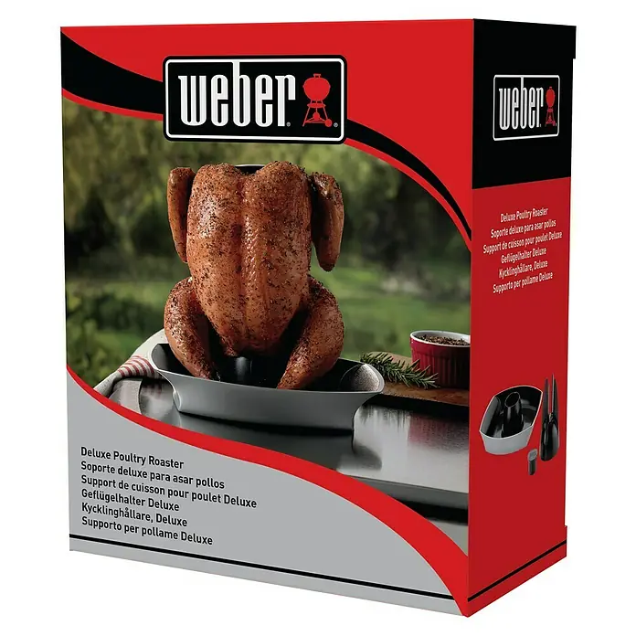 Weber Style Soporte para asar pollos para barbacoa - Aluminio - Asador de aves de corral Weber Deluxe: perfecto para asar aves jugosas en la parrilla. Ideal para pollo, pato o ganso.