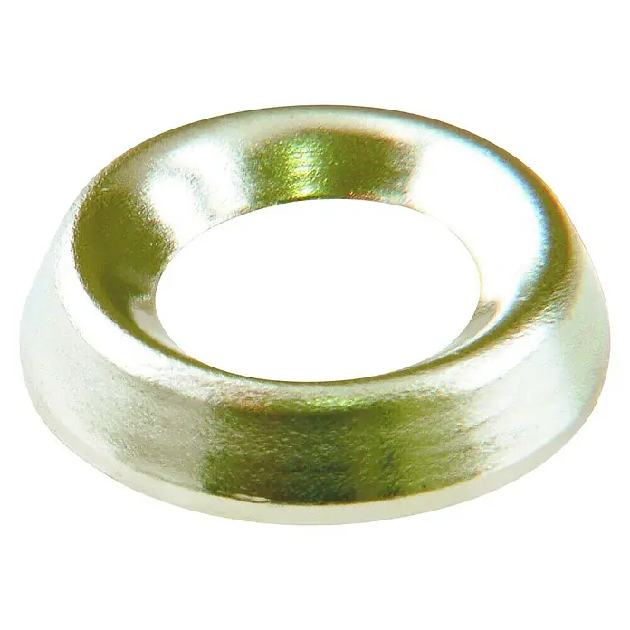 Stabilit Schrauben-RosetteØ x H: 14 x 5 mm, 30 Stk., Messing, Vernickelt - Bild einer Senkkopf-Unterlegscheibe, einem glänzenden, scheibenförmigen Befestigungselement mit einem mittigen Loch.