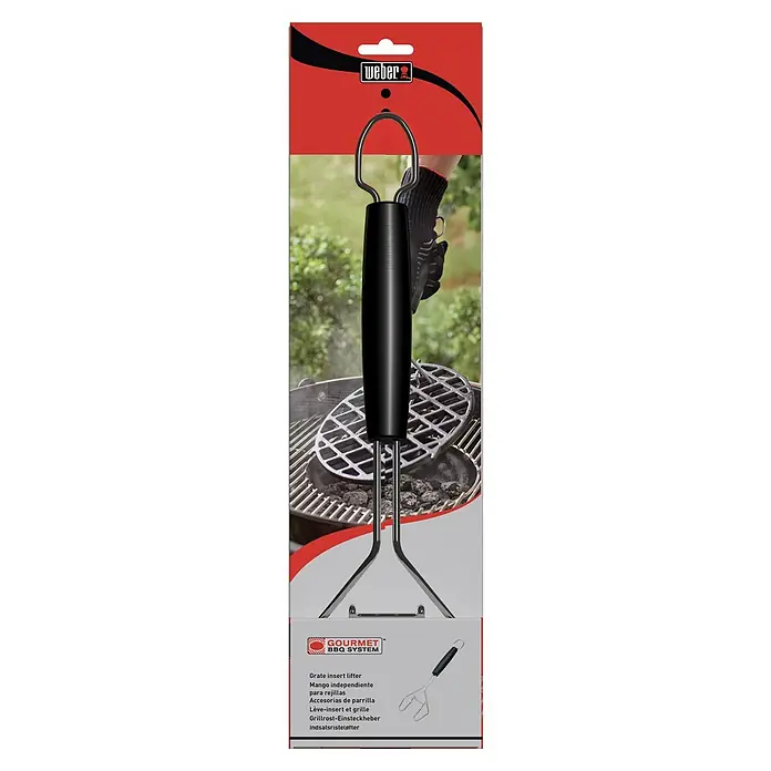 Weber Gourmet BBQ System Grillbesteck Rostheber - Passend für: Weber Gourmet BBQ System Sear Grate - Produktverpackung des Weber Grate Insert Lifters, einem Grillrostheber mit schwarzem Griff und silbernen Metalleinsätzen.