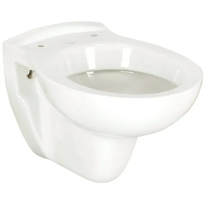Camargue Arles Wand-WC - Mit Spülrand, Ohne Spezialglasur, Spülform: Tief, WC Abgang: Waagerecht, Weiß - Nahaufnahme einer weissen wandhängenden Toilette, die ein modernes und minimalistisches Baddesign betont.