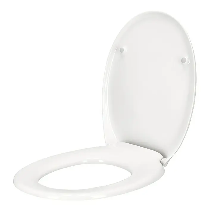 Pressalit WC-Sitz 1000 - Duroplast, Weiß - Ein weißer Toilettensitz mit Deckel ist auf einem schwarzen Hintergrund zu sehen. Er ist aus Kunststoff gefertigt und hat eine ovale Form.