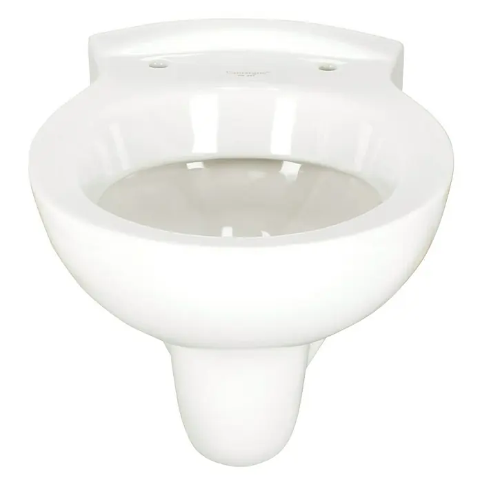 Camargue Arles Wand-WC - Mit Spülrand, Ohne Spezialglasur, Spülform: Tief, WC Abgang: Waagerecht, Weiß - Nahaufnahme einer weißen wandhängenden Keramik-Toilette mit glatter Oberfläche und modernem Design vor schwarzem Hintergrund.