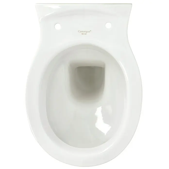 Camargue Arles Wand-WC - Mit Spülrand, Ohne Spezialglasur, Spülform: Tief, WC Abgang: Waagerecht, Weiß - Aufnahme eines weißen Camargue EN 997 Toilettenbeckens mit zwei Löchern zur Befestigung und einem rechteckigen Loch im Inneren.