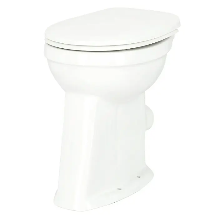 Camargue Stand-WC-Set Plus 100 - Mit Spülrand, WC Abgang: Waagerecht, Weiß - Nahaufnahme einer weißen Toilette.