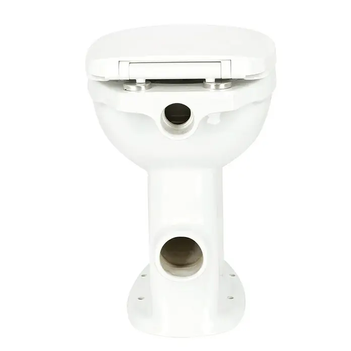 Camargue Stand-WC-Set Plus 100 - Mit Spülrand, WC Abgang: Waagerecht, Weiß - Nahaufnahme einer weißen Toilette mit glatter Oberfläche und sichtbaren Befestigungslöchern, isoliert auf schwarzem Hintergrund.