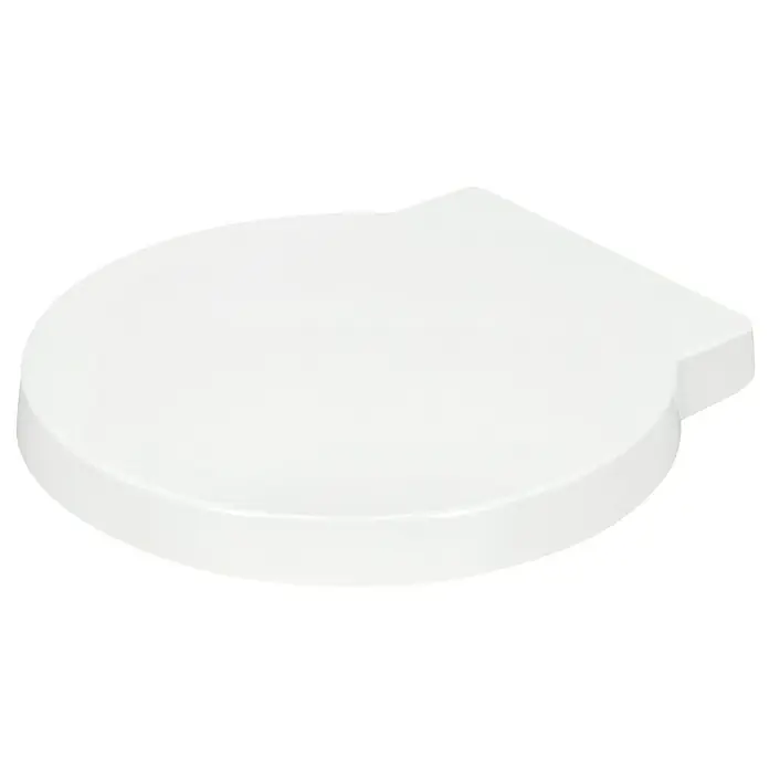 Camargue Pico WC-Sitz - Duroplast, Weiß, Mit Absenkautomatik - Nahaufnahme eines weißen, runden Deckels mit einem kleinen, rechteckigen Anhang auf schwarzem Hintergrund.