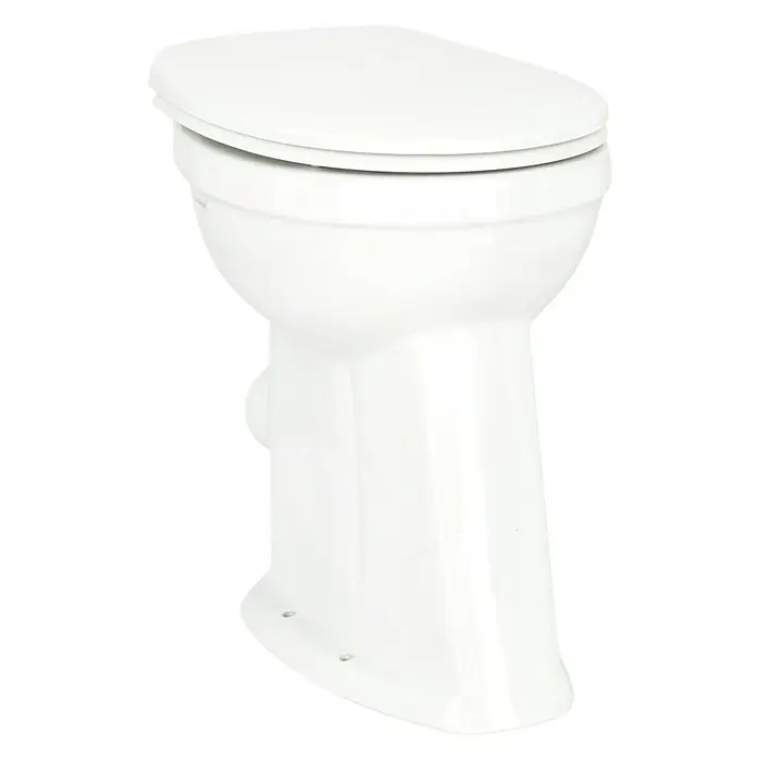 Camargue Stand-WC-Set Plus 100 - Mit Spülrand, WC Abgang: Waagerecht, Weiß - Helle Nahaufnahme einer Toilette mit geschlossenem Deckel vor einem dunklen Hintergrund.