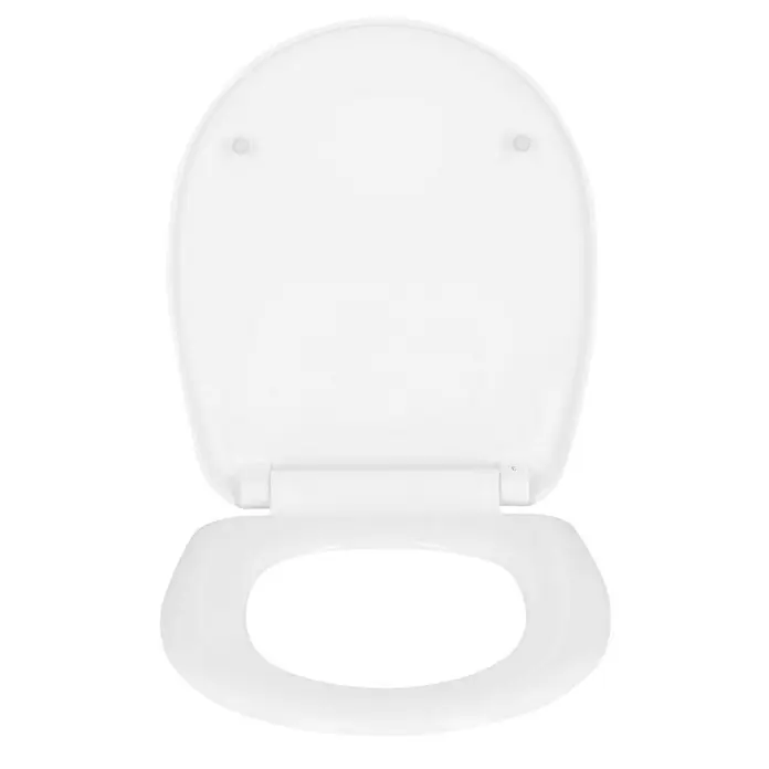WC-Sitz Siracusa - Duroplast, Weiß, Mit Absenkautomatik - Diese Aufnahme zeigt eine weiße Toilettensitzgarnitur vor einem dunklen Hintergrund, die durch ihre schlichte Eleganz besticht.