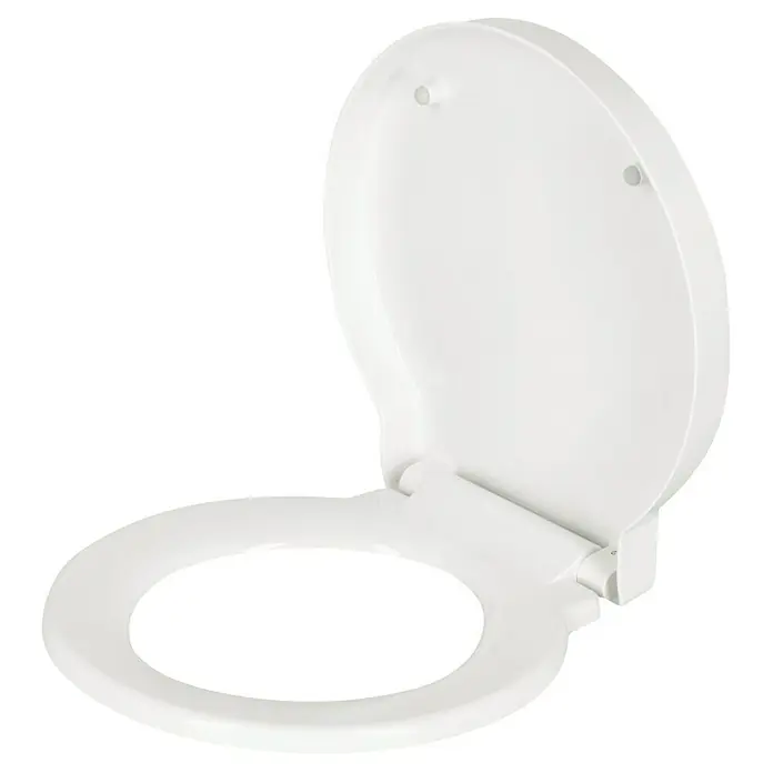 Camargue Pico WC-Sitz - Duroplast, Weiß, Mit Absenkautomatik - Ein weißer Toilettensitz mit Deckel, der leicht geöffnet ist. Das schlichte Design passt in jedes Badezimmer.