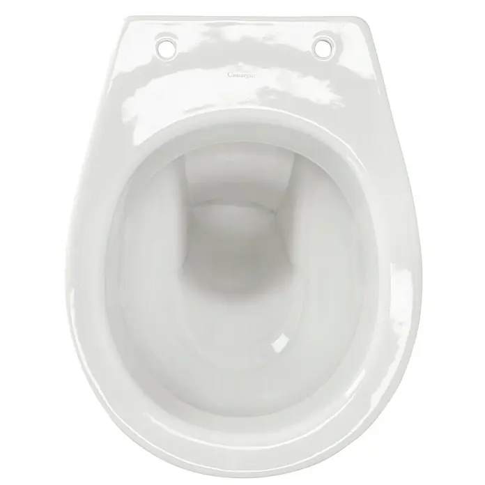 Camargue Sydney Stand-WC - Mit Spülrand, Ohne Spezialglasur, Spülform: Tief, WC Abgang: Waagerecht, Weiß - Nahaufnahme einer weißen Camargue-Toilette, die ein sauberes und hygienisches Design für Badezimmer zeigt.