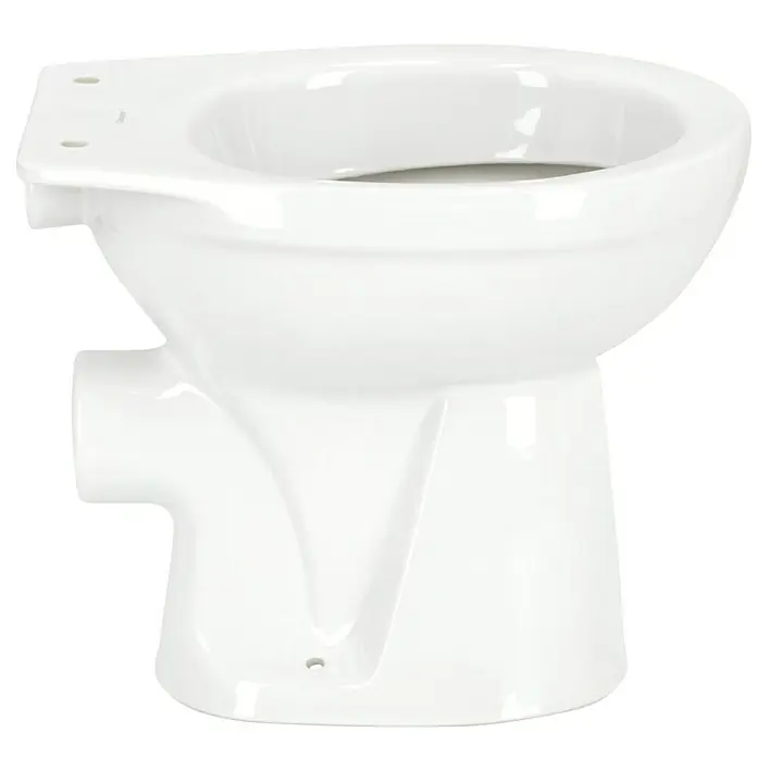 Camargue Sydney Stand-WC - Mit Spülrand, Ohne Spezialglasur, Spülform: Tief, WC Abgang: Waagerecht, Weiß - Dieses Bild zeigt eine weiße Stand-WC-Keramik, die für Badezimmer entworfen wurde. Die Sanitärkeramik besticht durch ihr modernes Design.