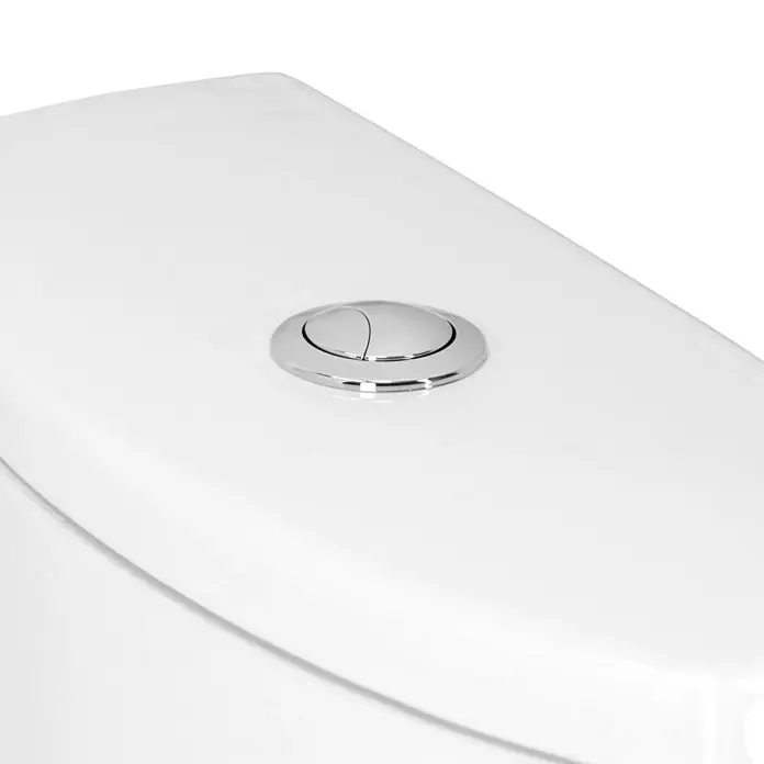 Stand-WC-Kombination Parva - Spülrandlos, Ohne Spezialglasur, Spülform: Tief, WC Abgang: Waagerecht, Weiß - Nahaufnahme einer weißen Toilettenspülung mit einem glänzenden, runden Doppelknopf zur Wassersparung.