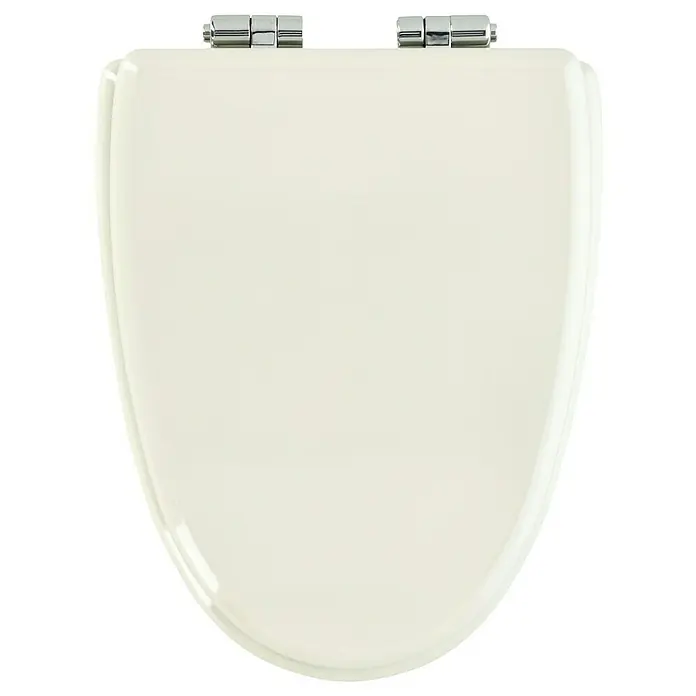 Poseidon WC-Sitz St. Remy/Mistral - MDF, Weiß, Mit Absenkautomatik - Nahaufnahme eines beigen Toilettensitzes mit Chrombeschlägen, der ein elegantes und funktionales Design für moderne Badezimmer zeigt.
