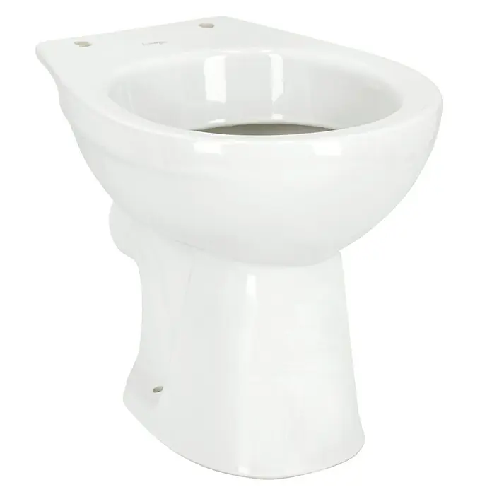 Camargue Sydney Stand-WC - Mit Spülrand, Ohne Spezialglasur, Spülform: Tief, WC Abgang: Waagerecht, Weiß - Nahaufnahme einer strahlend weißen Keramik-Toilette, die das schlichte Design und die glatte Oberfläche dieses Badezimmer-Essentials hervorhebt.