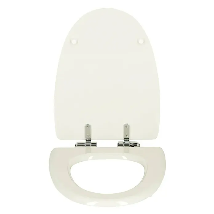 Poseidon WC-Sitz St. Remy/Mistral - MDF, Weiß, Mit Absenkautomatik - Ein cremefarbener Toilettensitz aus glänzendem Material mit silbernen Scharnieren. Für jedes Badezimmer ein stilvolles Element.