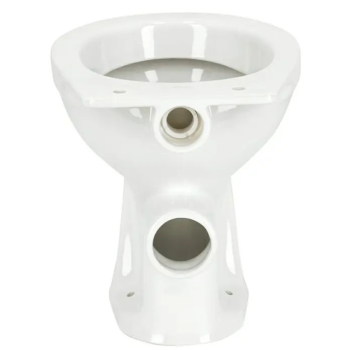Camargue Sydney Stand-WC - Mit Spülrand, Ohne Spezialglasur, Spülform: Tief, WC Abgang: Waagerecht, Weiß - Nahaufnahme einer weißen Keramik-Toilette, die Sanitärdetails und das saubere Design des Produkts hervorhebt.