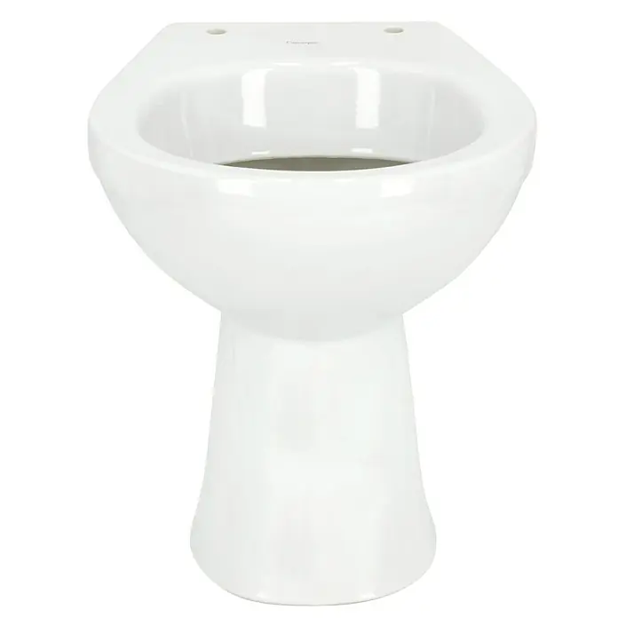 Camargue Sydney Stand-WC - Mit Spülrand, Ohne Spezialglasur, Spülform: Tief, WC Abgang: Waagerecht, Weiß - Nahaufnahme einer weißen Standtoilette mit einem eleganten, modernen Design. Die glatte Oberfläche und die sanften Kurven verleihen einen luxuriösen Look.