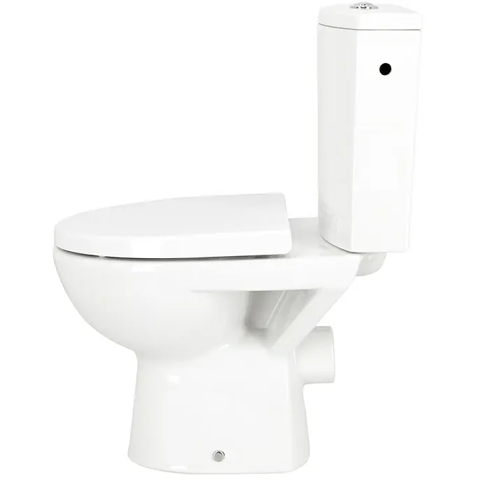 Stand-WC-Kombination Parva - Spülrandlos, Ohne Spezialglasur, Spülform: Tief, WC Abgang: Waagerecht, Weiß - Weiße Toilette mit Spülkasten, minimalistisches Design. Sanitärobjekt für moderne Badezimmer mit klaren Linien und kompakter Bauweise.