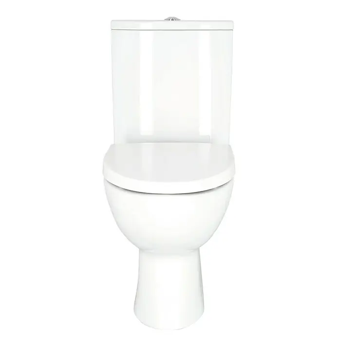 Stand-WC-Kombination Parva - Spülrandlos, Ohne Spezialglasur, Spülform: Tief, WC Abgang: Waagerecht, Weiß - Nahaufnahme einer weißen Toilette, die ein sauberes und hygienisches Badezimmerdesign hervorhebt.