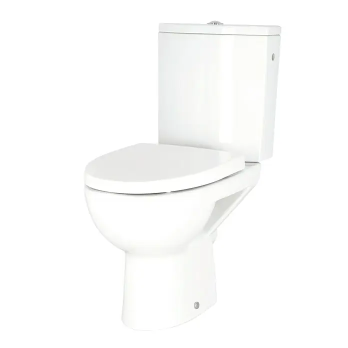 Stand-WC-Kombination Parva - Spülrandlos, Ohne Spezialglasur, Spülform: Tief, WC Abgang: Waagerecht, Weiß - Dieses Bild zeigt eine Nahaufnahme einer weißen Toilette mit einem Aufsatztank. Es ist ein Standard-Badezimmergerät für die Hygiene.