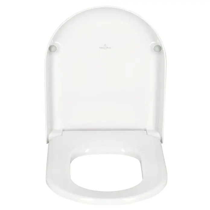 Villeroy & Boch Subway 2.0 WC-Sitz - Duroplast, Weiß, Mit Absenkautomatik - Weißer Toilettensitz von Villeroy & Boch im geöffneten Zustand. Das Produkt ist schlicht gestaltet und wirkt modern.