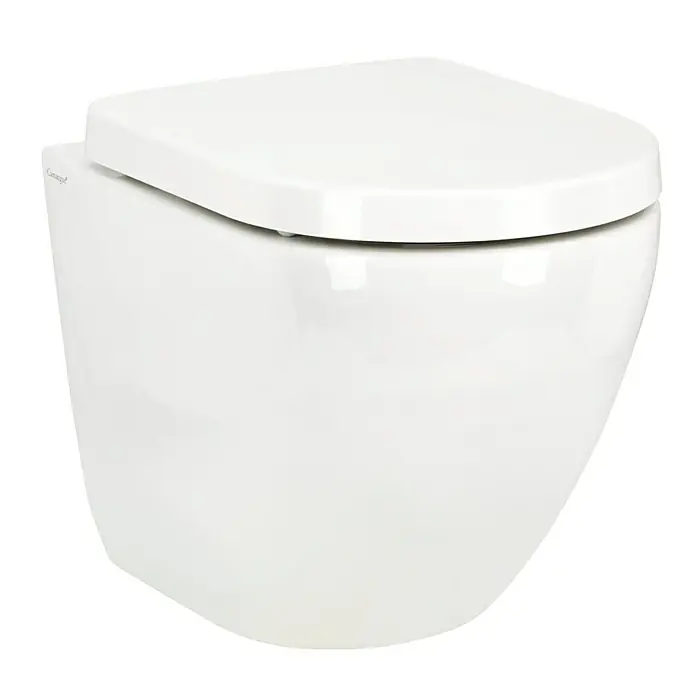 Camargue Wand-WC-Set Plus 50 2.0 - Spülrandlos, Ohne Spezialglasur, Spülform: Tief, WC Abgang: Waagerecht, Weiß - Eine moderne, weiße Wandtoilette mit einem quadratischen Design und glatten Oberflächen, die ein sauberes und minimalistisches Aussehen bietet.